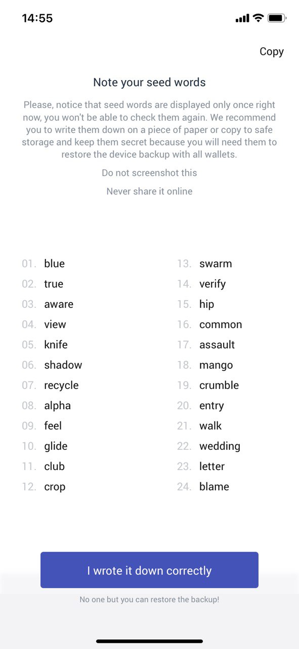Figure 8 - Registering new user and the device, seed words